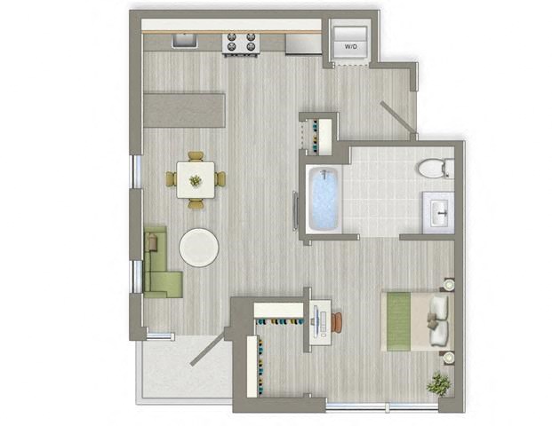 Floor plan for 1 bed, 1 bath, 577 sqft